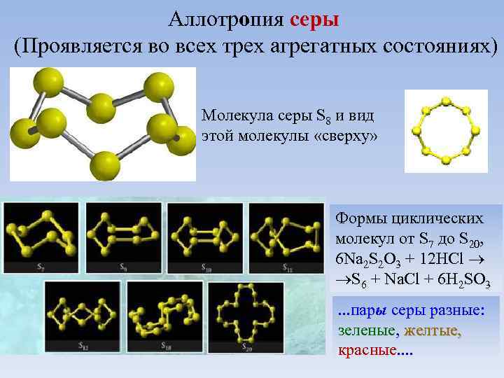 Аллотропия серы (Проявляется во всех трех агрегатных состояниях) Молекула серы S 8 и вид