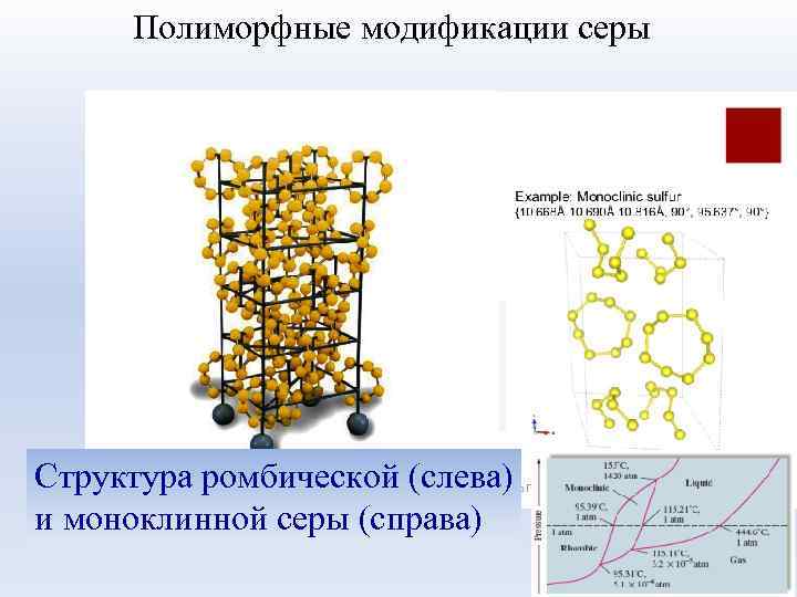 Полиморфные модификации серы Структура ромбической (слева) и моноклинной серы (справа) 