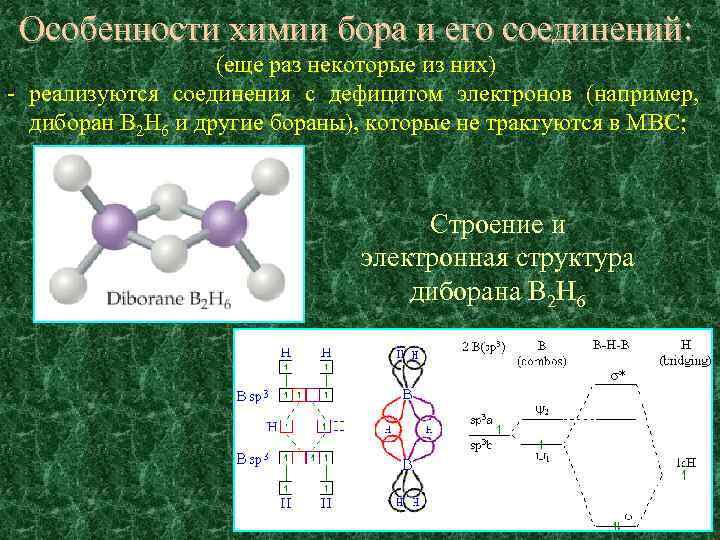 Особенности химии бора и его соединений: (еще раз некоторые из них) - реализуются соединения