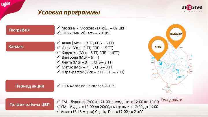 Условия программы География Каналы Период акции График работы ЦВП ü Москва и Московская обл.