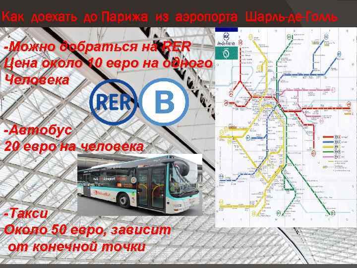 Как доехать до Парижа из аэропорта Шарль-де-Голль -Можно добраться на RER Цена около 10