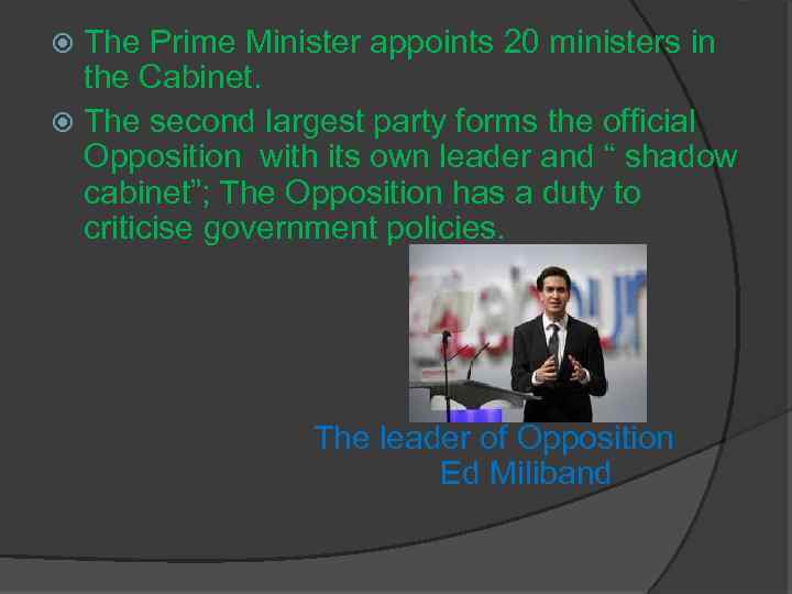 The Prime Minister appoints 20 ministers in the Cabinet. The second largest party forms