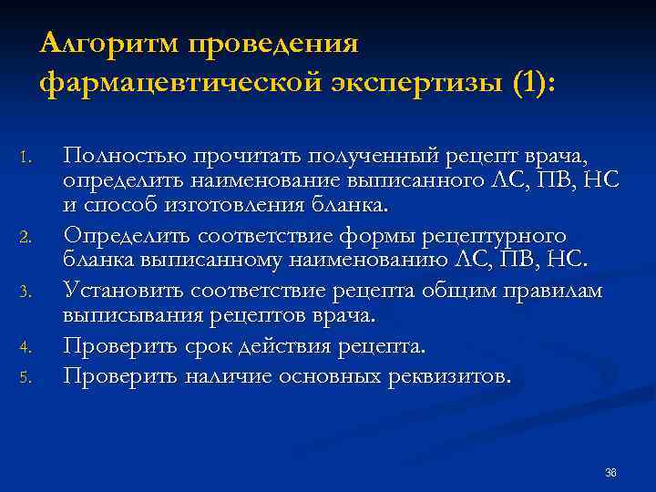 Алгоритм проведения фармацевтической экспертизы (1): 1. 2. 3. 4. 5. Полностью прочитать полученный рецепт