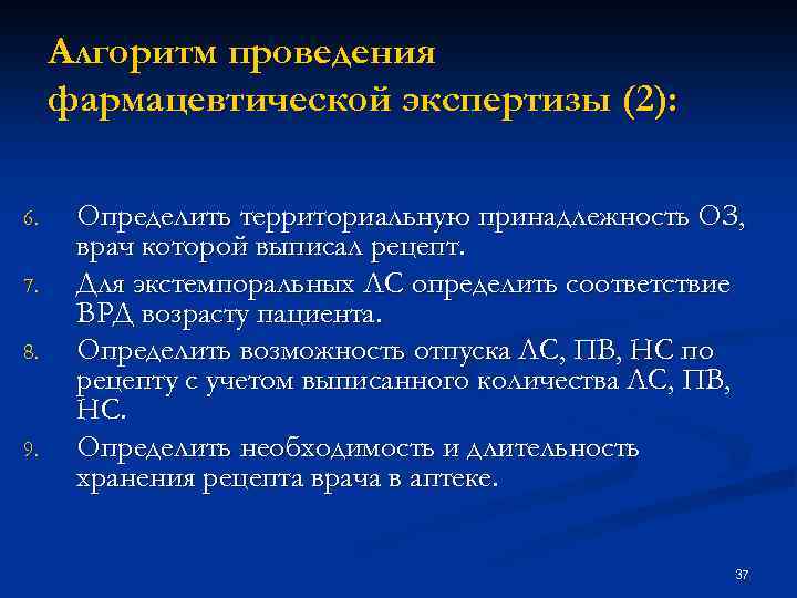 Алгоритм проведения фармацевтической экспертизы (2): 6. 7. 8. 9. Определить территориальную принадлежность ОЗ, врач