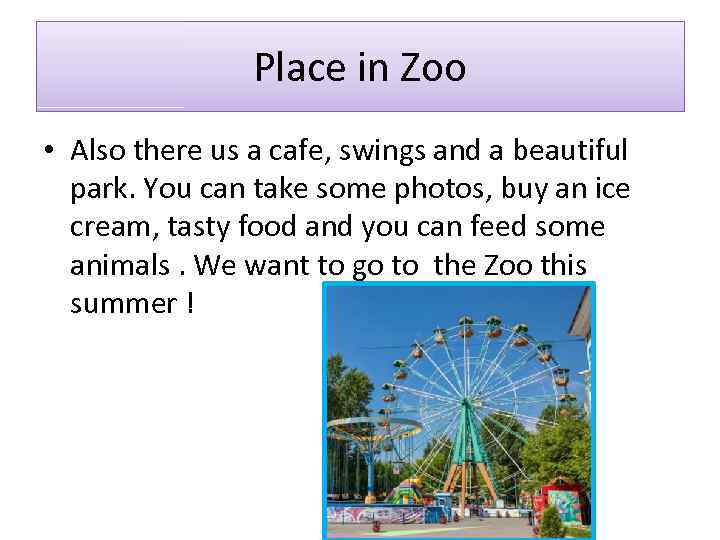 Place in Zoo • Also there us a cafe, swings and a beautiful park.