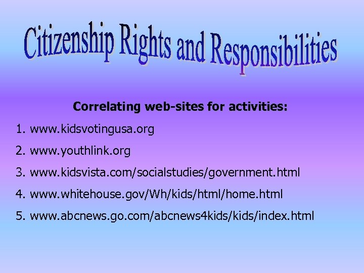 Correlating web-sites for activities: 1. www. kidsvotingusa. org 2. www. youthlink. org 3. www.