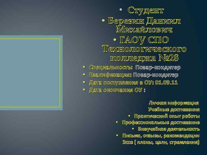  • Студент • • • Березин Даниил Михайлович • ГАОУ СПО Технологического колледжа