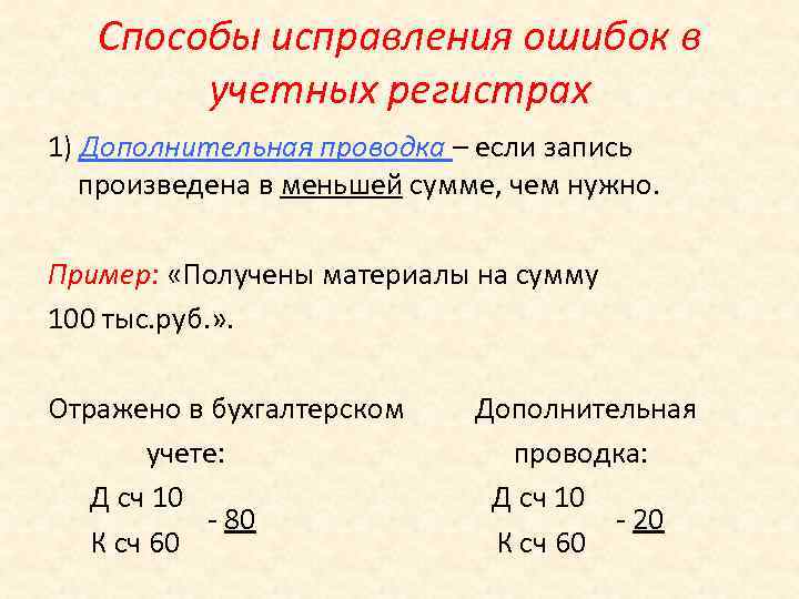 Способы исправления ошибок в учетных регистрах 1) Дополнительная проводка – если запись произведена в