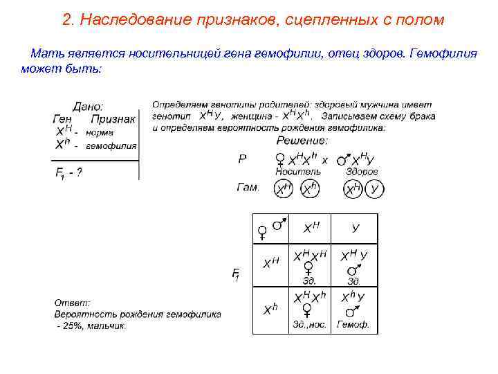 2. Наследование признаков, сцепленных с полом Мать является носительницей гена гемофилии, отец здоров. Гемофилия