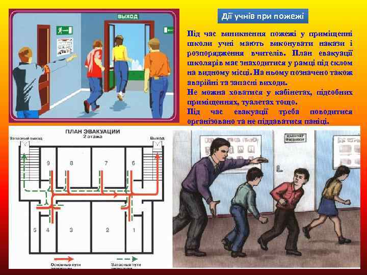 Дії учнів при пожежі Під час виникнення пожежі у приміщенні школи учні мають виконувати