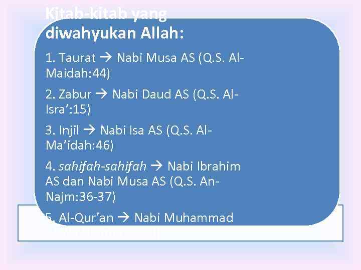 Kitab-kitab yang diwahyukan Allah: 1. Taurat Nabi Musa AS (Q. S. Al. Maidah: 44)