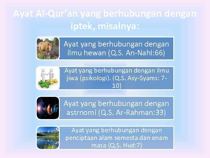 Ayat Al-Qur’an yang berhubungan dengan iptek, misalnya: Ayat yang berhubungan dengan ilmu hewan (Q.