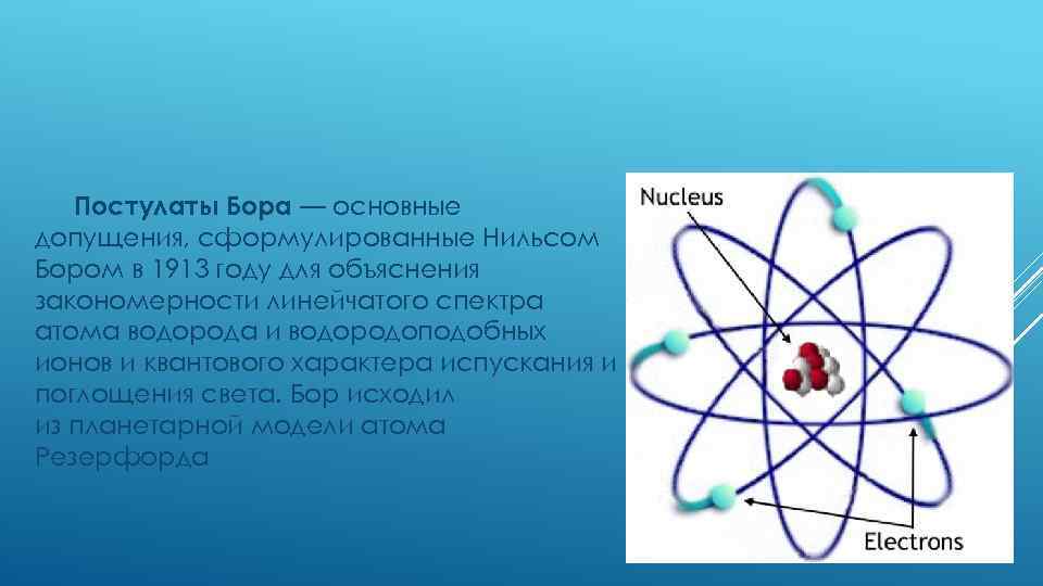 Постулаты Бора — основные допущения, сформулированные Нильсом Бором в 1913 году для объяснения закономерности