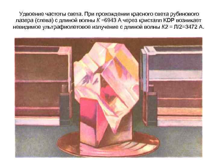 Удвоение частоты света. При прохождении красного света рубинового лазера (слева) с длиной волны К