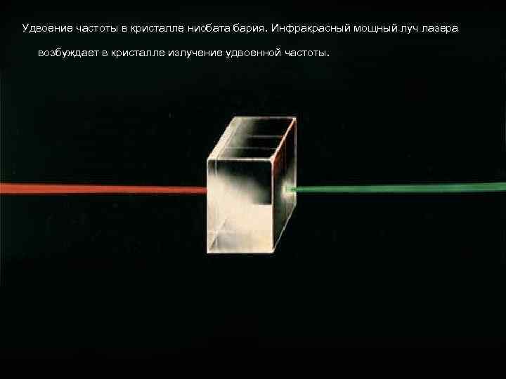  Удвоение частоты в кристалле ниобата бария. Инфракрасный мощный луч лазера возбуждает в кристалле