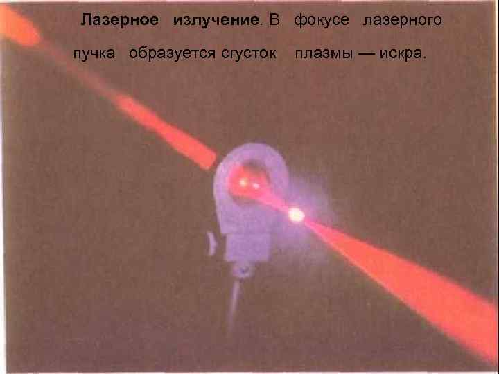 Лазерное излучение. В фокусе лазерного пучка образуется сгусток плазмы — искра. 