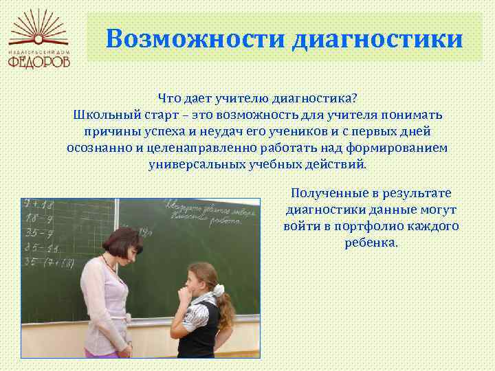 Возможности диагностики Что дает учителю диагностика? Школьный старт – это возможность для учителя понимать