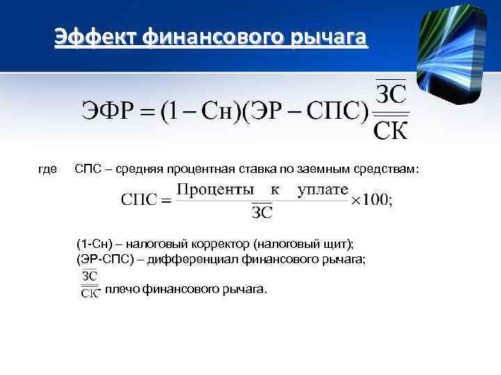 Эффект финансового рычага где СПС – средняя процентная ставка по заемным средствам: (1 -Сн)