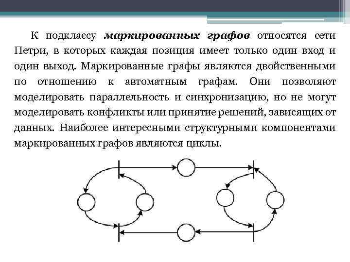 К подклассу маркированных графов относятся сети Петри, в которых каждая позиция имеет только один