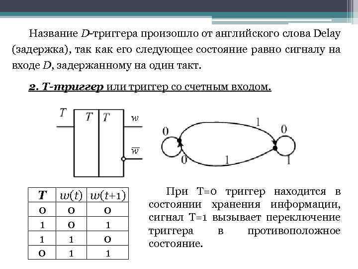 Название D-триггера произошло от английского слова Delay (задержка), так как его следующее состояние равно