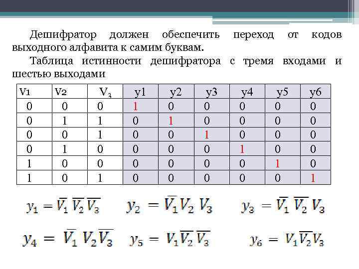; Дешифратор должен обеспечить переход от кодов выходного алфавита к самим буквам. Таблица истинности