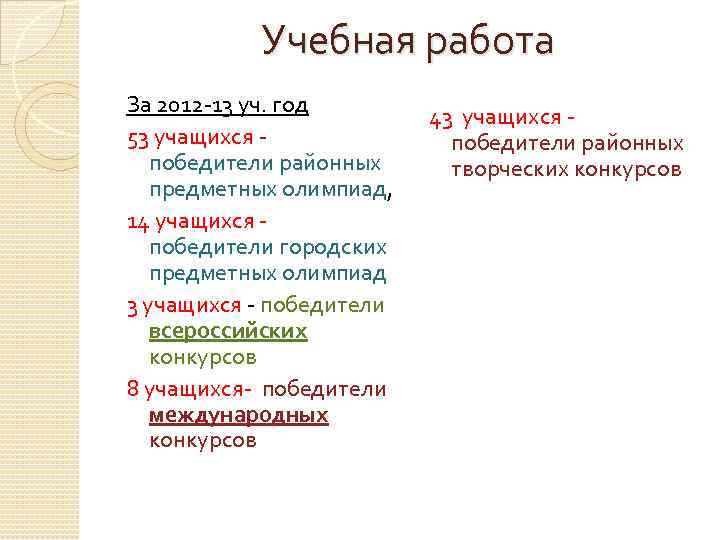 Учебная работа За 2012 -13 уч. год 53 учащихся победители районных предметных олимпиад, 14