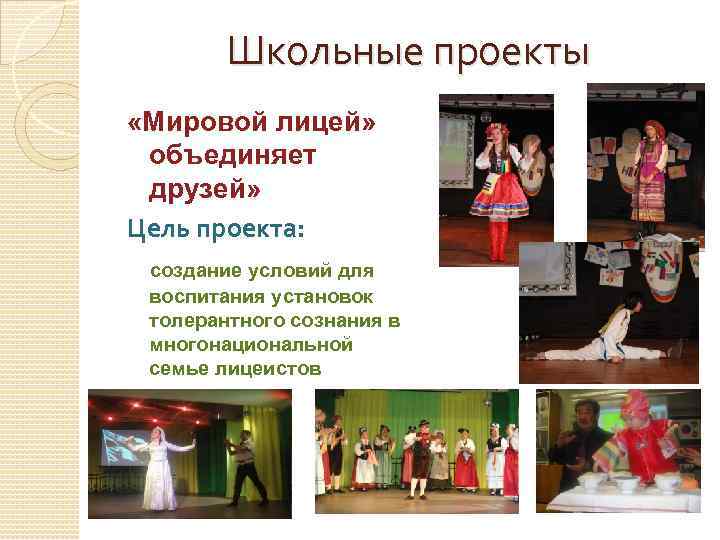 Школьные проекты «Мировой лицей» объединяет друзей» Цель проекта: создание условий для воспитания установок толерантного