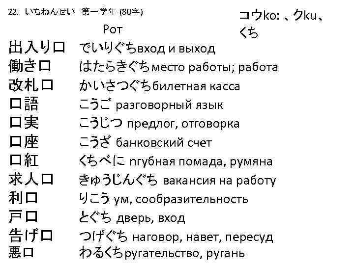 22. いちねんせい　第一学年 (80字) コウko: 、クku、 くち Рот 出入り口 でいりぐちвход и выход 働き口 はたらきぐちместо работы;