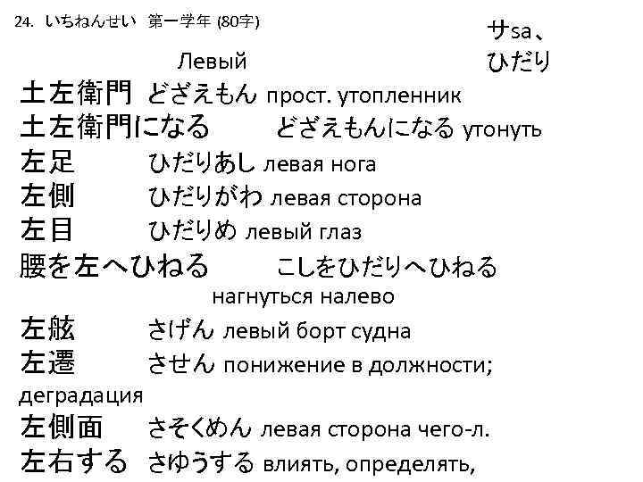 24. いちねんせい　第一学年 (80字) サsa、 ひだり Левый 土左衛門 どざえもん прост. утопленник 土左衛門になる どざえもんになる утонуть 左足