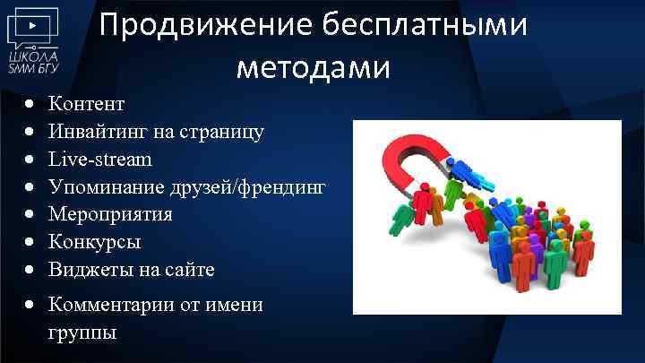 Продвижение бесплатными методами Контент Инвайтинг на страницу Live-stream Упоминание друзей/френдинг Мероприятия Конкурсы Виджеты на