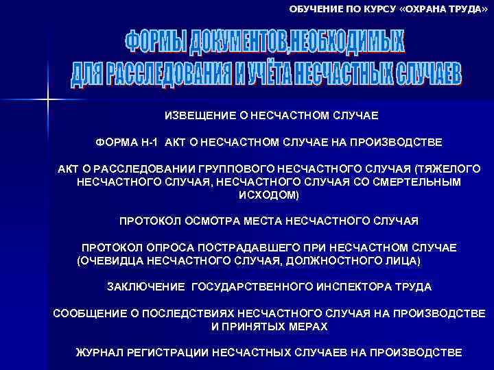 ОБУЧЕНИЕ ПО КУРСУ «ОХРАНА ТРУДА» ИЗВЕЩЕНИЕ О НЕСЧАСТНОМ СЛУЧАЕ ФОРМА Н-1 АКТ О НЕСЧАСТНОМ