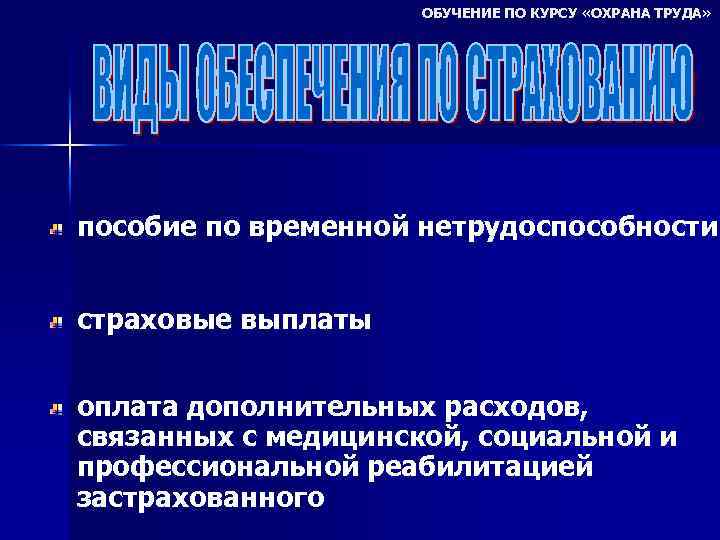 ОБУЧЕНИЕ ПО КУРСУ «ОХРАНА ТРУДА» пособие по временной нетрудоспособности страховые выплаты оплата дополнительных расходов,