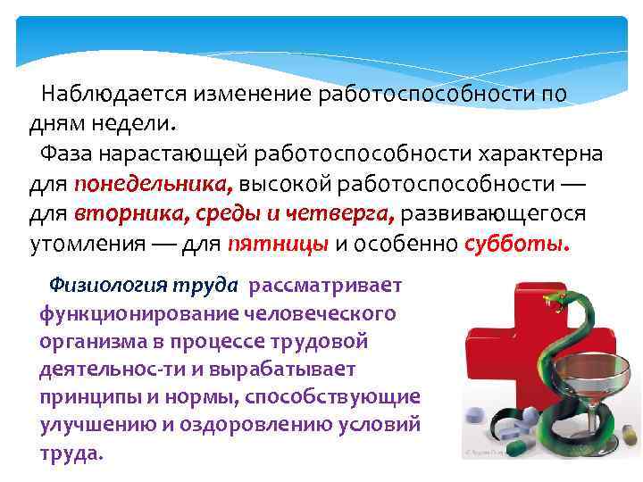 Наблюдается изменение работоспособности по дням недели. Фаза нарастающей работоспособности характерна для понедельника, высокой работоспособности