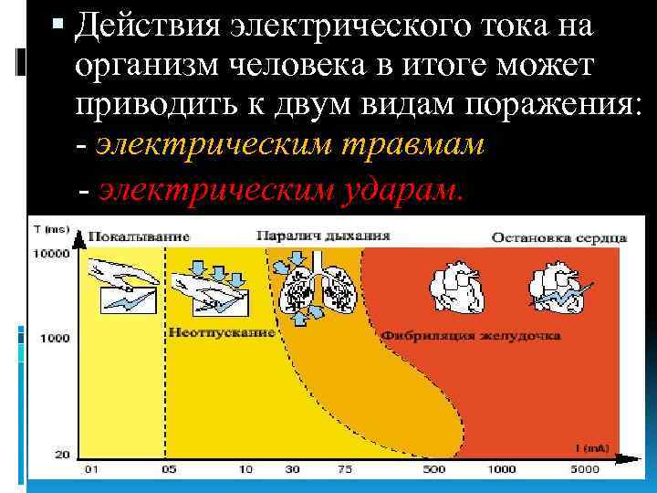  Действия электрического тока на организм человека в итоге может приводить к двум видам