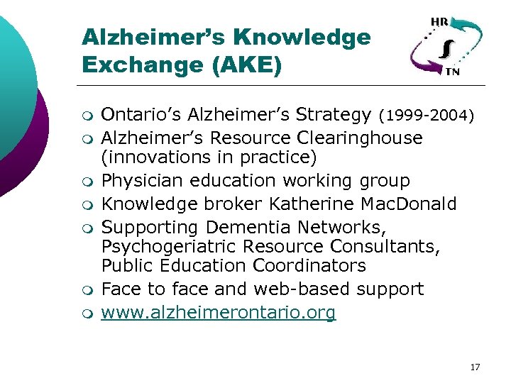 Alzheimer’s Knowledge Exchange (AKE) m m m m Ontario’s Alzheimer’s Strategy (1999 -2004) Alzheimer’s