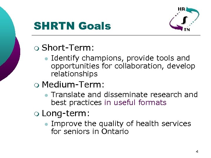 SHRTN Goals m Short-Term: l m Medium-Term: l m Identify champions, provide tools and