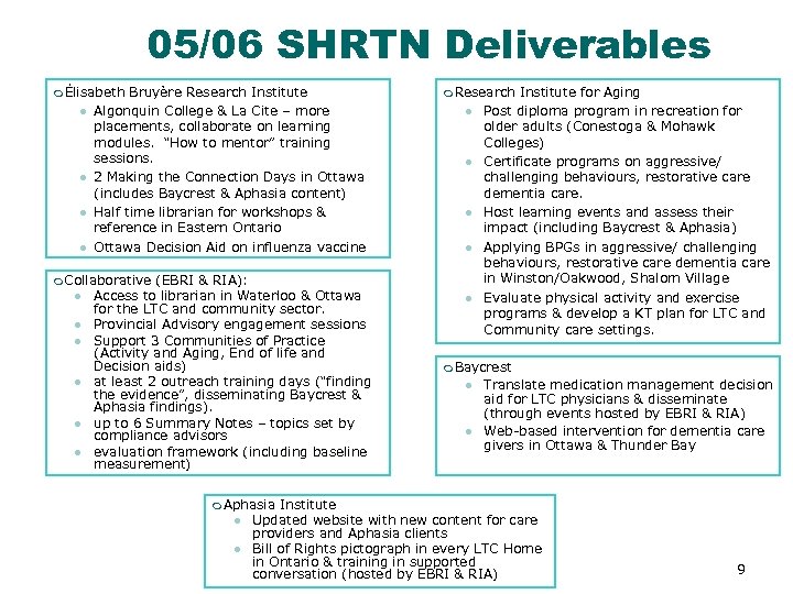 05/06 SHRTN Deliverables m Élisabeth l l Bruyère Research Institute Algonquin College & La