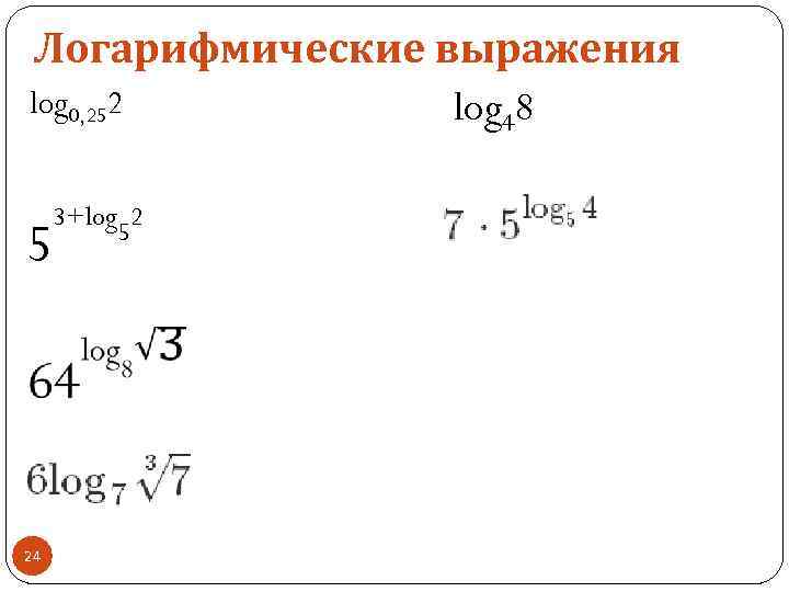 Логарифмические выражения log 0, 252 log 48 5 24 3+log 2 5 