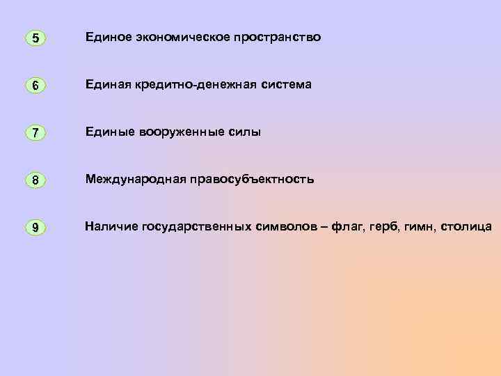 5 Единое экономическое пространство 6 Единая кредитно-денежная система 7 Единые вооруженные силы 8 Международная