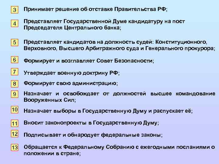 3 Принимает решение об отставке Правительства РФ; 4 Представляет Государственной Думе кандидатуру на пост