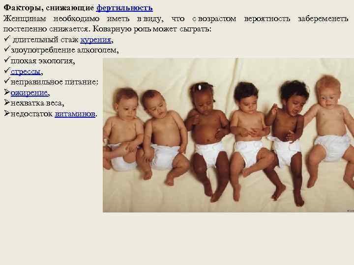 Факторы, снижающие фертильность Женщинам необходимо иметь в виду, что с возрастом вероятность забеременеть постепенно
