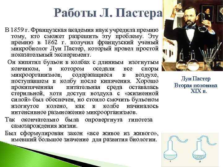 Работы Л. Пастера В 1859 г. Французская академия наук учредила премию тому, кто сможет