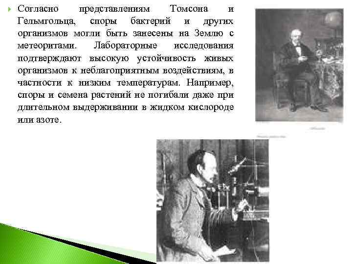  Согласно представлениям Томсона и Гельмгольца, споры бактерий и других организмов могли быть занесены