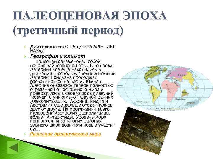 ПАЛЕОЦЕНОВАЯ ЭПОХА (третичный период) Длительность: ОТ 65 ДО 55 МЛН. ЛЕТ НАЗАД География и