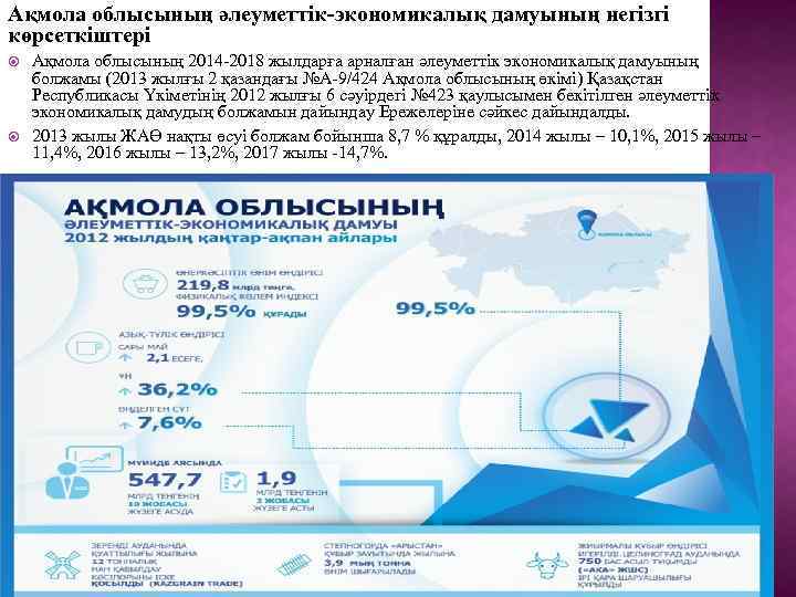 Ақмола облысының әлеуметтік-экономикалық дамуының негізгі көрсеткіштері Ақмола облысының 2014 -2018 жылдарға арналған әлеуметтік экономикалық