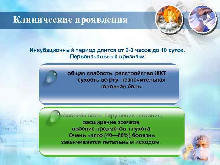 Клинические проявления Инкубационный период длится от 2 -3 часов до 10 суток. Первоначальные признаки:
