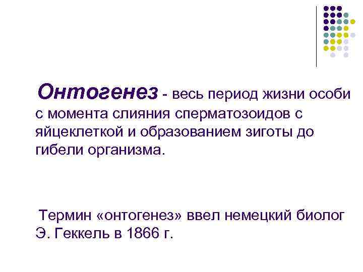 Онтогенез - весь период жизни особи с момента слияния сперматозоидов с яйцеклеткой и образованием