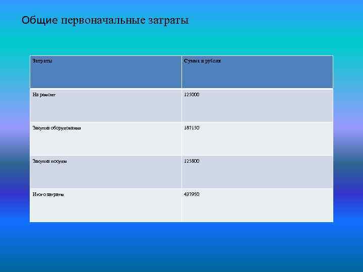 Общие первоначальные затраты Затраты Сумма в рублях На ремонт 125000 Закупка оборудования 187150 Закупка