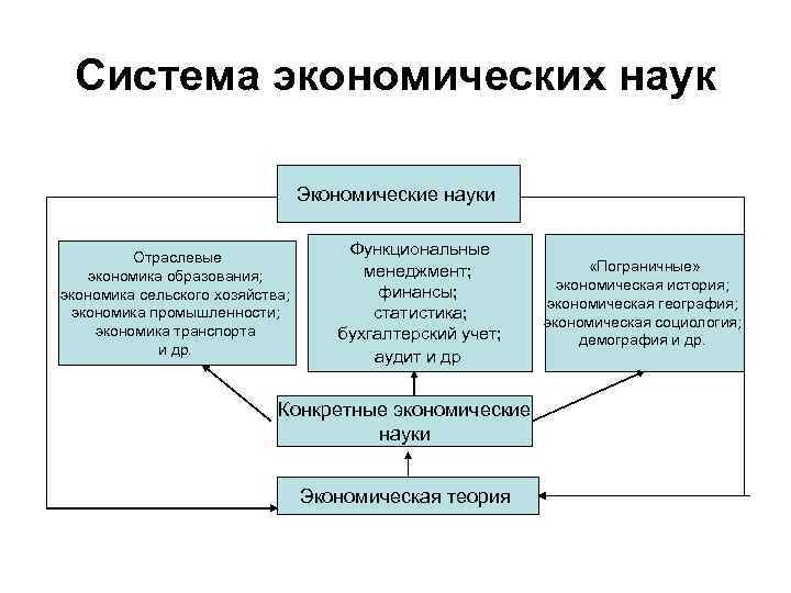 Система экономических наук Экономические науки Отраслевые экономика образования; экономика сельского хозяйства; экономика промышленности; экономика