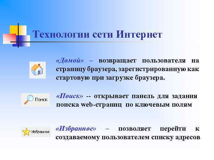 Технологии сети Интернет «Домой» – возвращает пользователя на страницу браузера, зарегистрированную как стартовую при